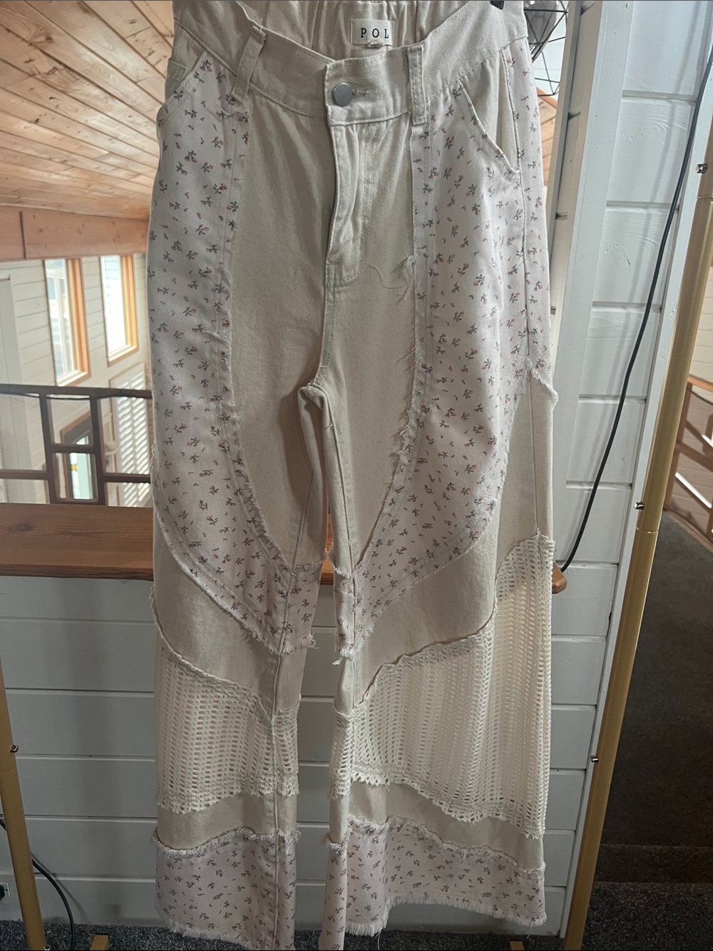 POL Cream Patchwork Wide-Leg Jumpsuit Pants with Floral Panels